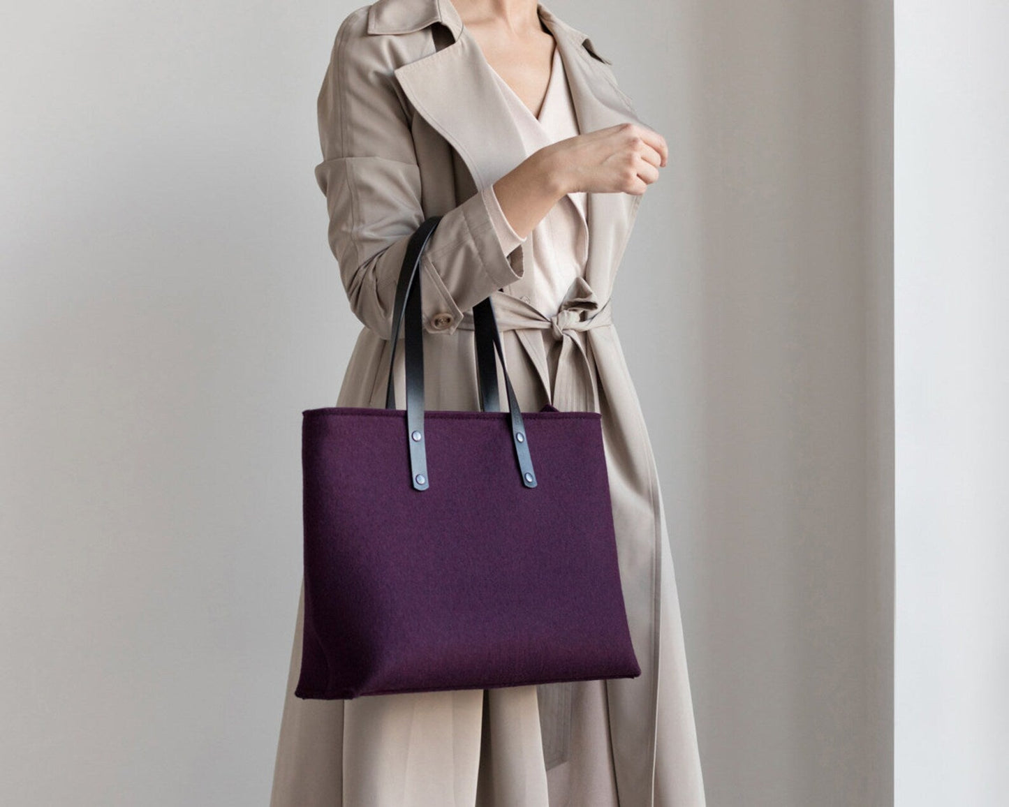 Merino Wool Felt Tote Bag with Leather Handles